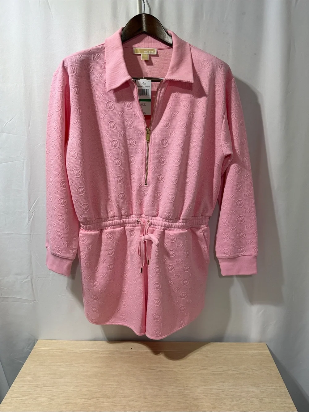 Michael Kors Light Pink Half-Zip Drawstring Romper, side pockets